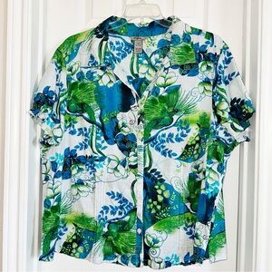 IB Diffusion Woman Cotton Button Up Short Sleeve Top Tropical Tiki Vacation 3X